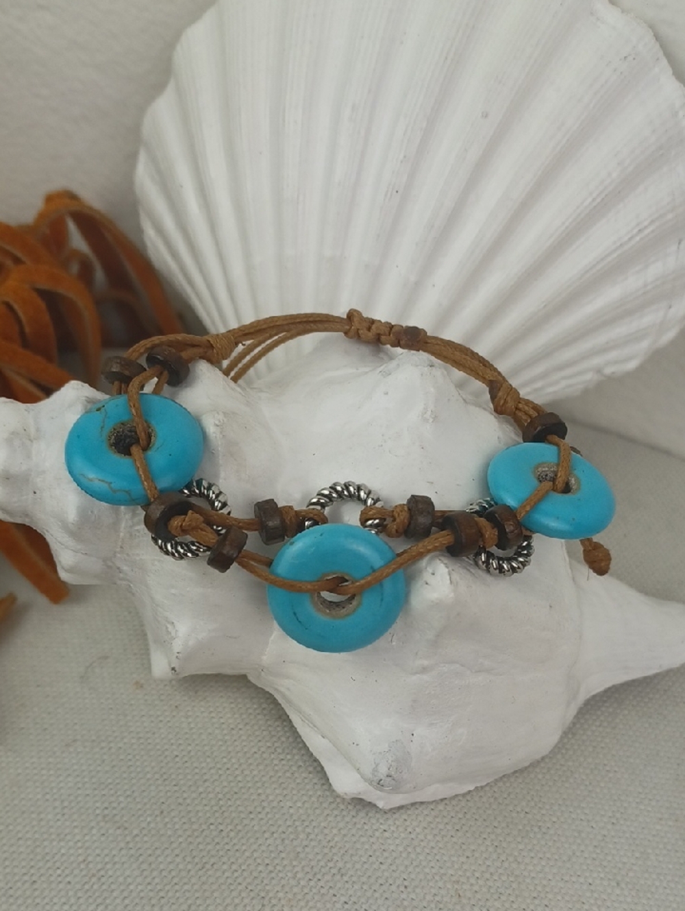 Turquoise Color Stone Bead & Silver Accents Leather Drawstring Cool Bracelet
